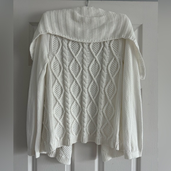 CAbi Cable Knit White Open Front Shawl Collar Cardigan, Small - Picture 3 of 8